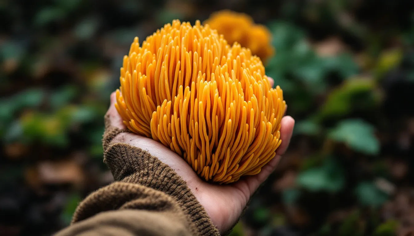 Hand holding lion's mane mushroom outdoors