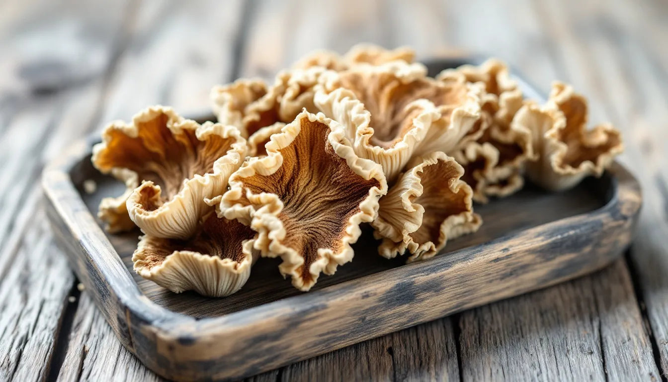 Dried cordyceps mushrooms neatly arranged on a wooden tray.