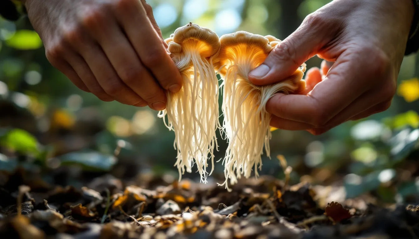 Hands pulling lion's mane mushroom into shredded strands