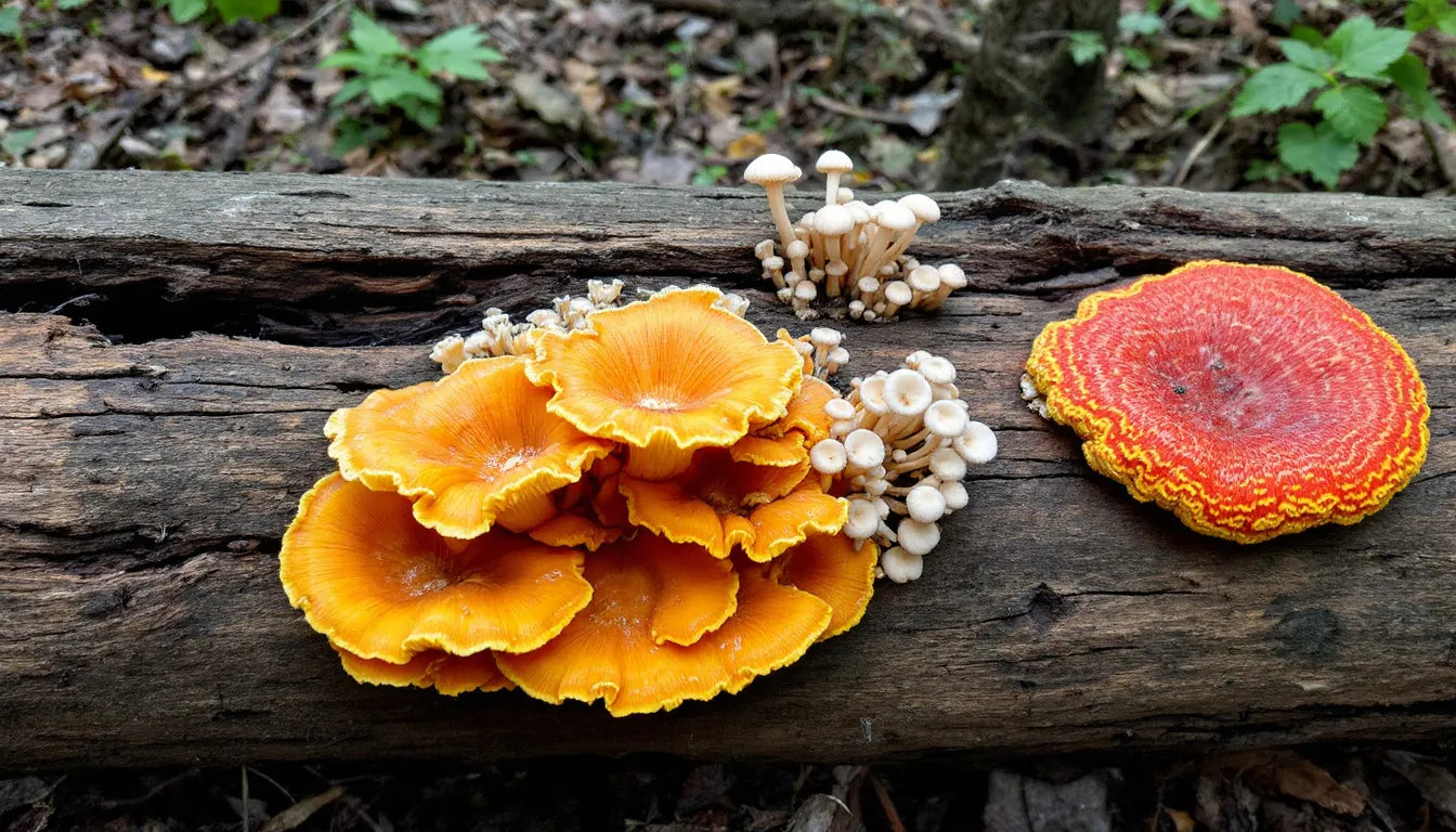 Various fungal species growing on a decomposing fallen log in a forest.