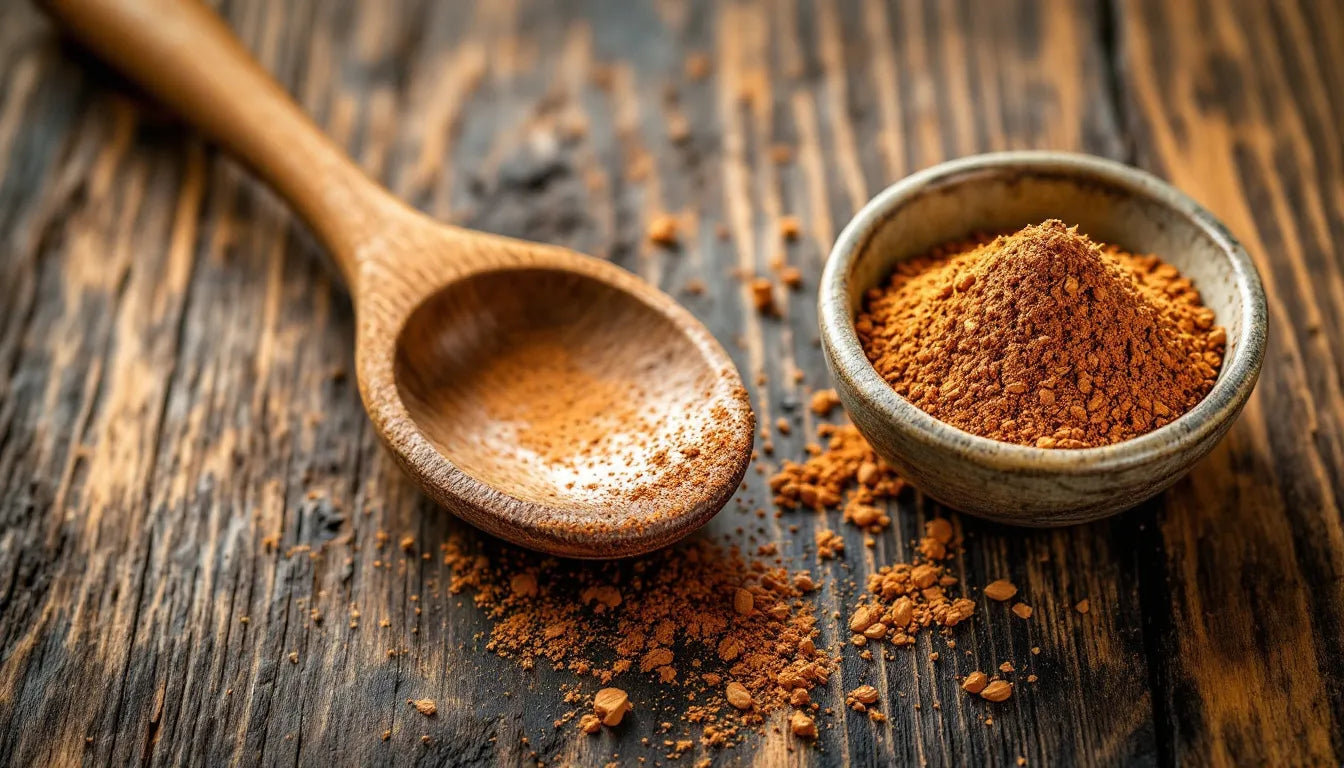 Wooden spoon filled with fine reishi mushroom powder
