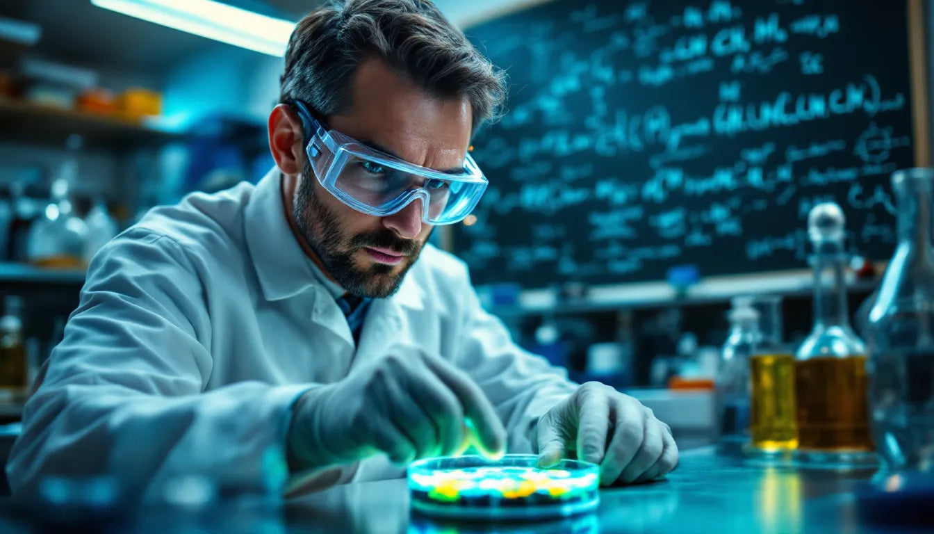 A scientist analyzing mushroom extract in a laboratory setting.