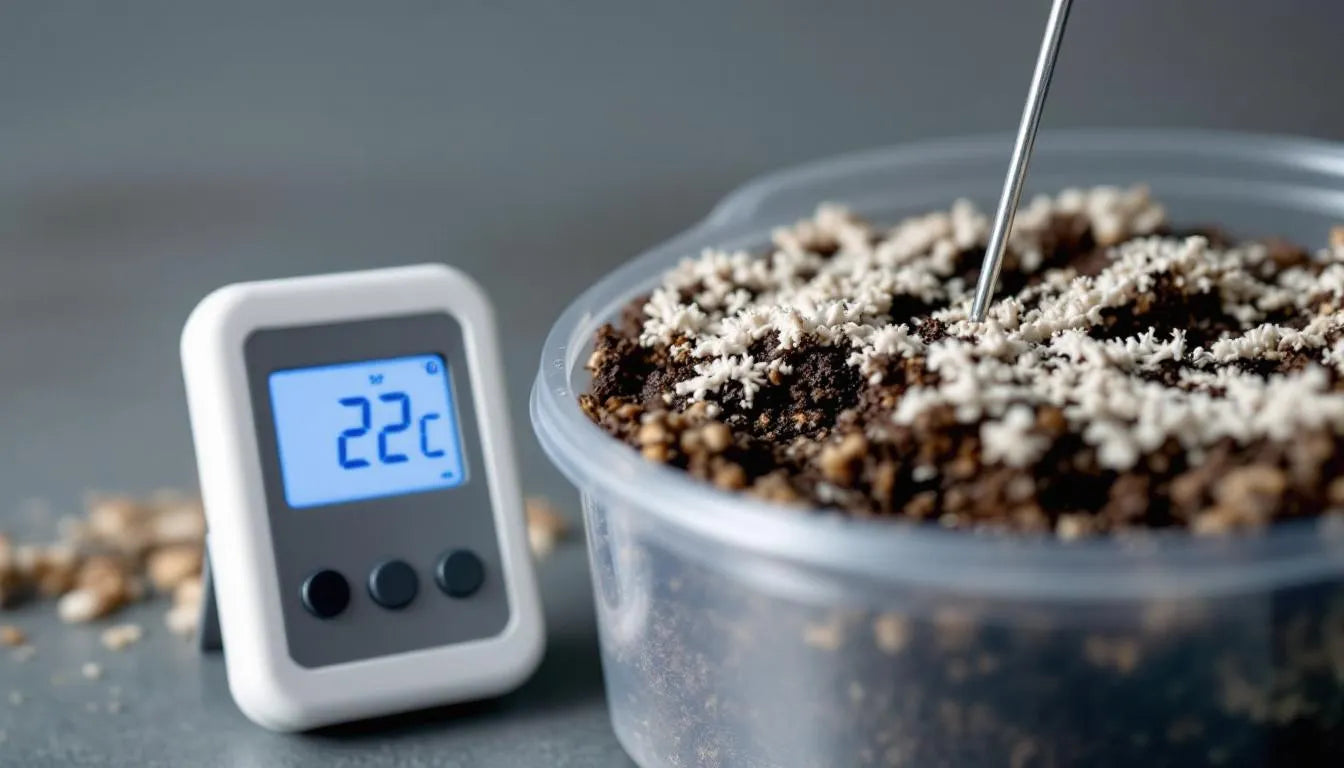 Digital thermometer measuring temperature near mushroom substrate