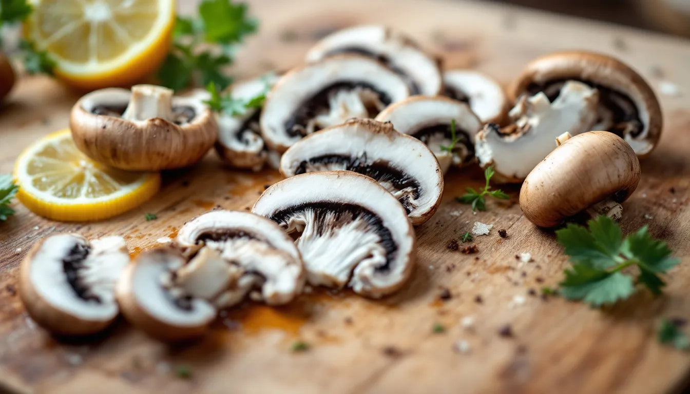 Sliced mushrooms on a cutting board ready for freezing