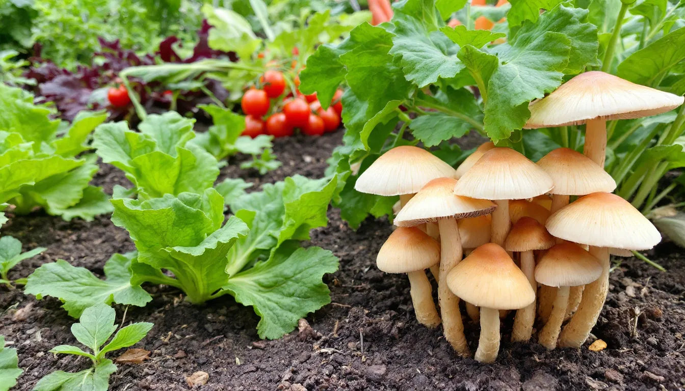 Wine cap mushrooms growing next to vegetables in garden