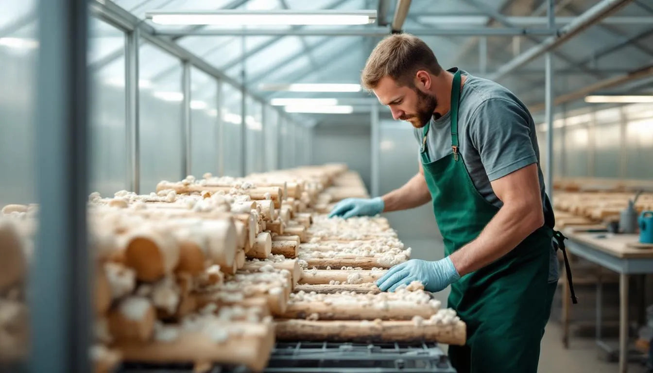 mushroom grower checking cultivation logs indoors