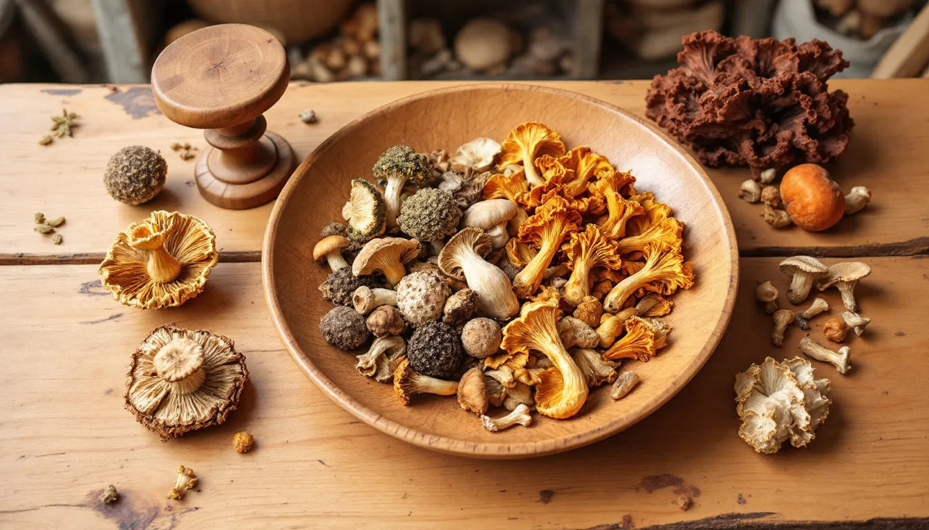 Selection of dried medicinal mushrooms on wooden table