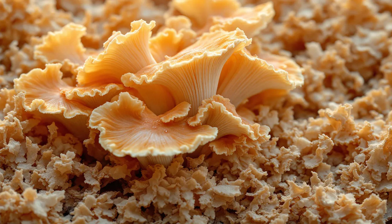 turkey tail mushrooms growing from a sawdust block