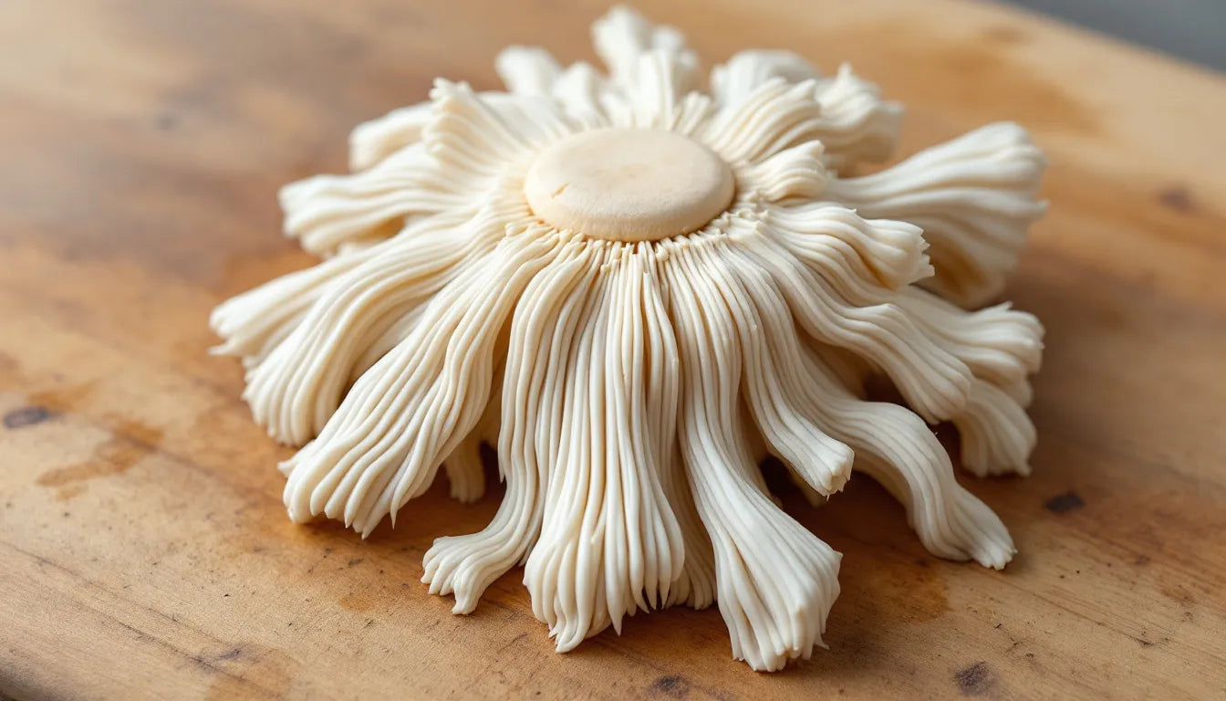 Fresh raw lion's mane mushroom on wooden board