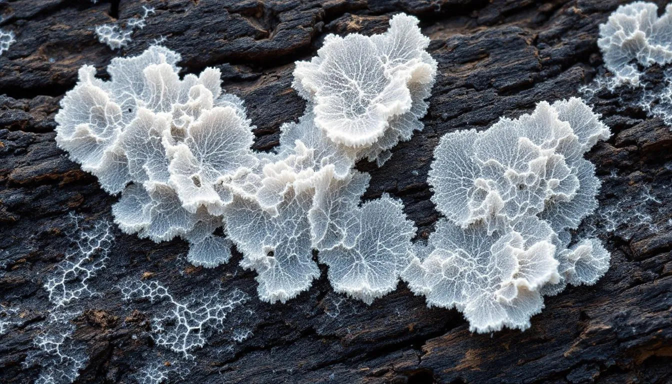 White fuzzy fungal mycelium growing on a piece of wood