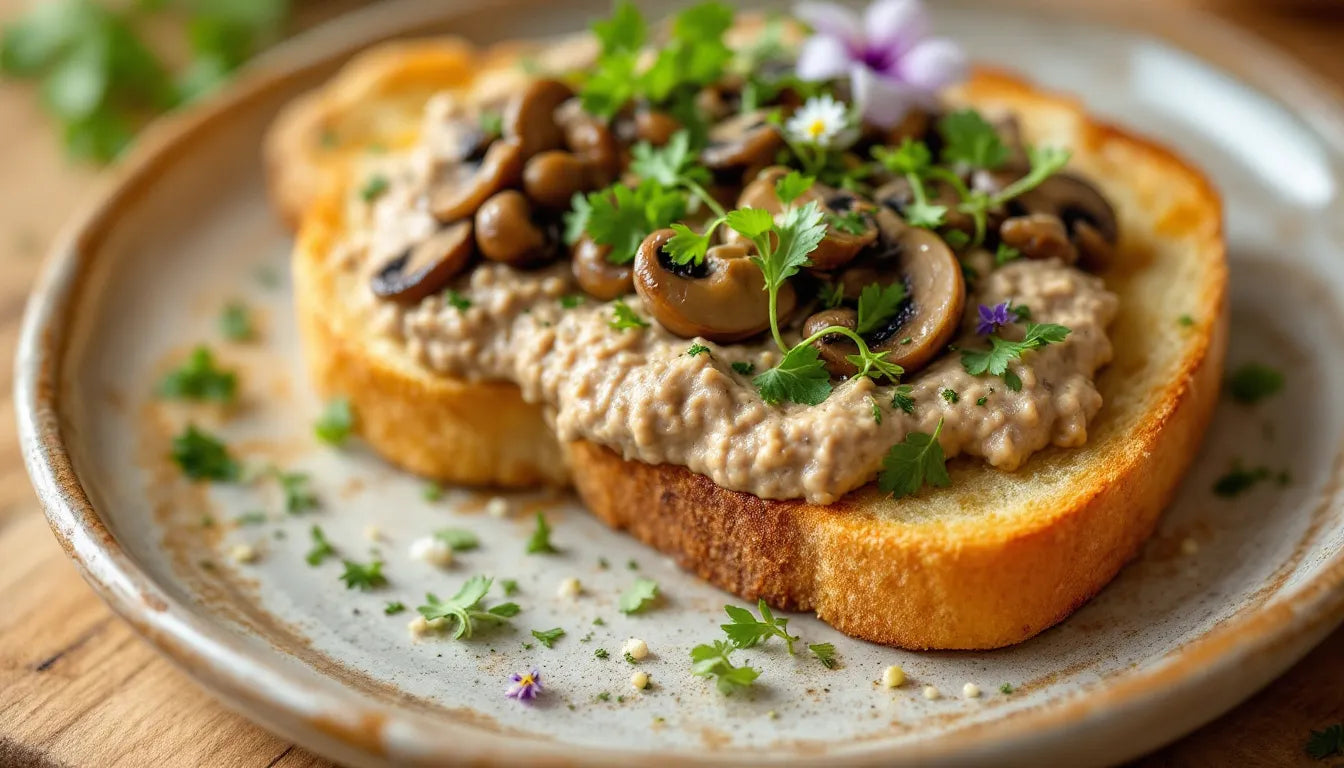 Crostini with wild mushroom paté and fresh herbs served on tray