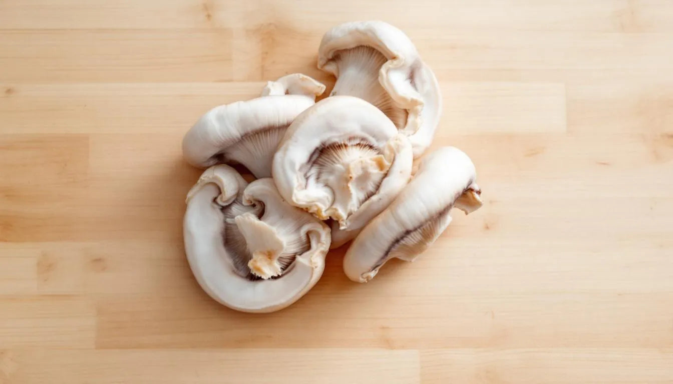 Clean and edible oyster mushrooms on kitchen board