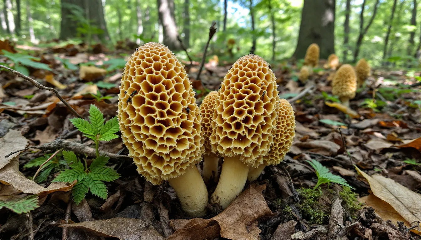 wild morel mushrooms growing on a forest floor