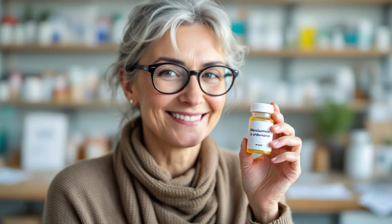 A smiling person holding a prescription bottle.