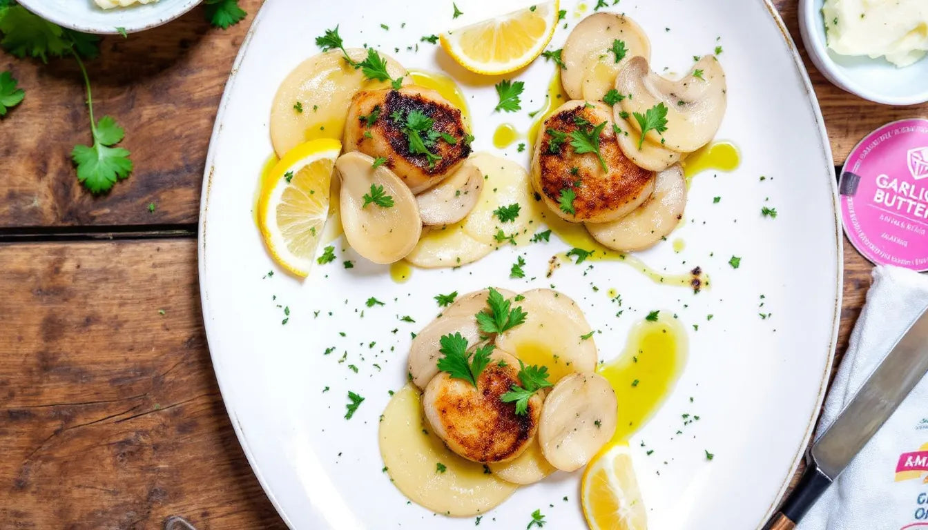 seared king trumpet mushroom scallops in pan