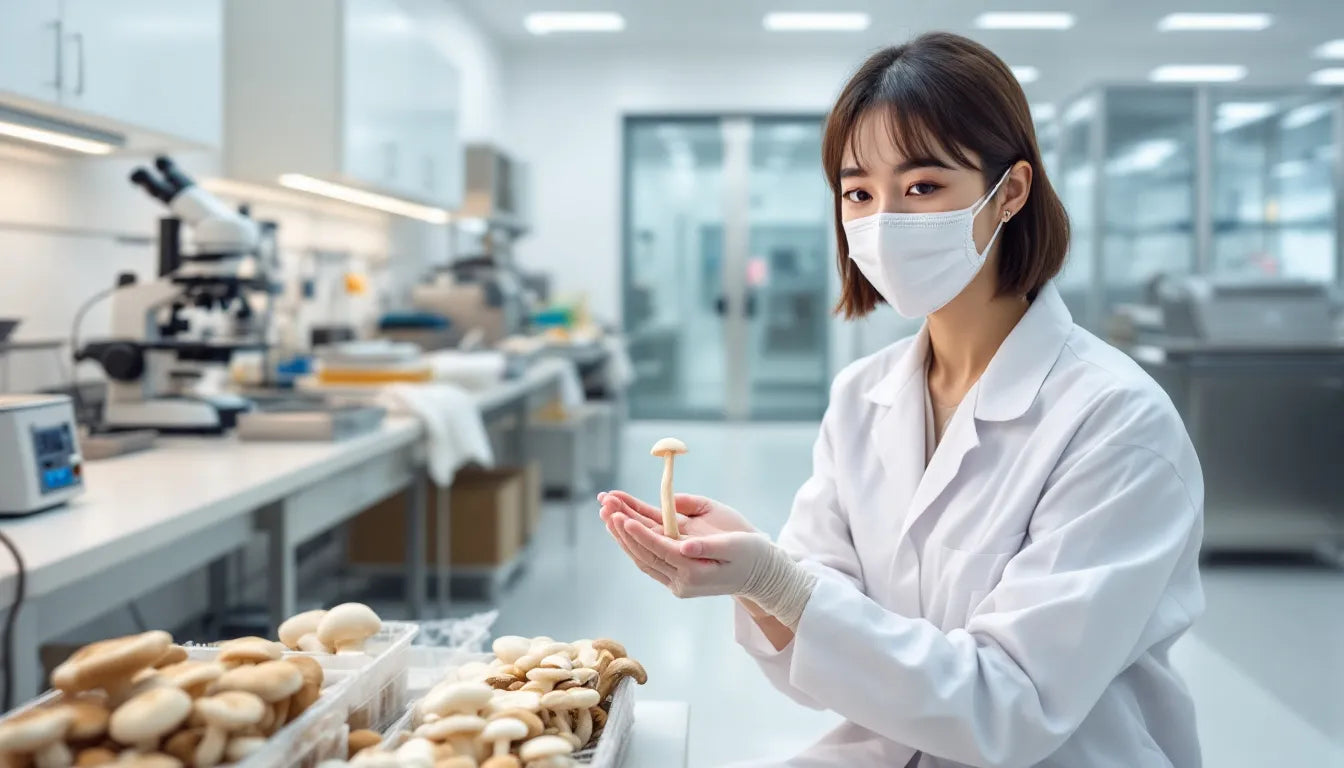 Person examining mushrooms in a clean grow room