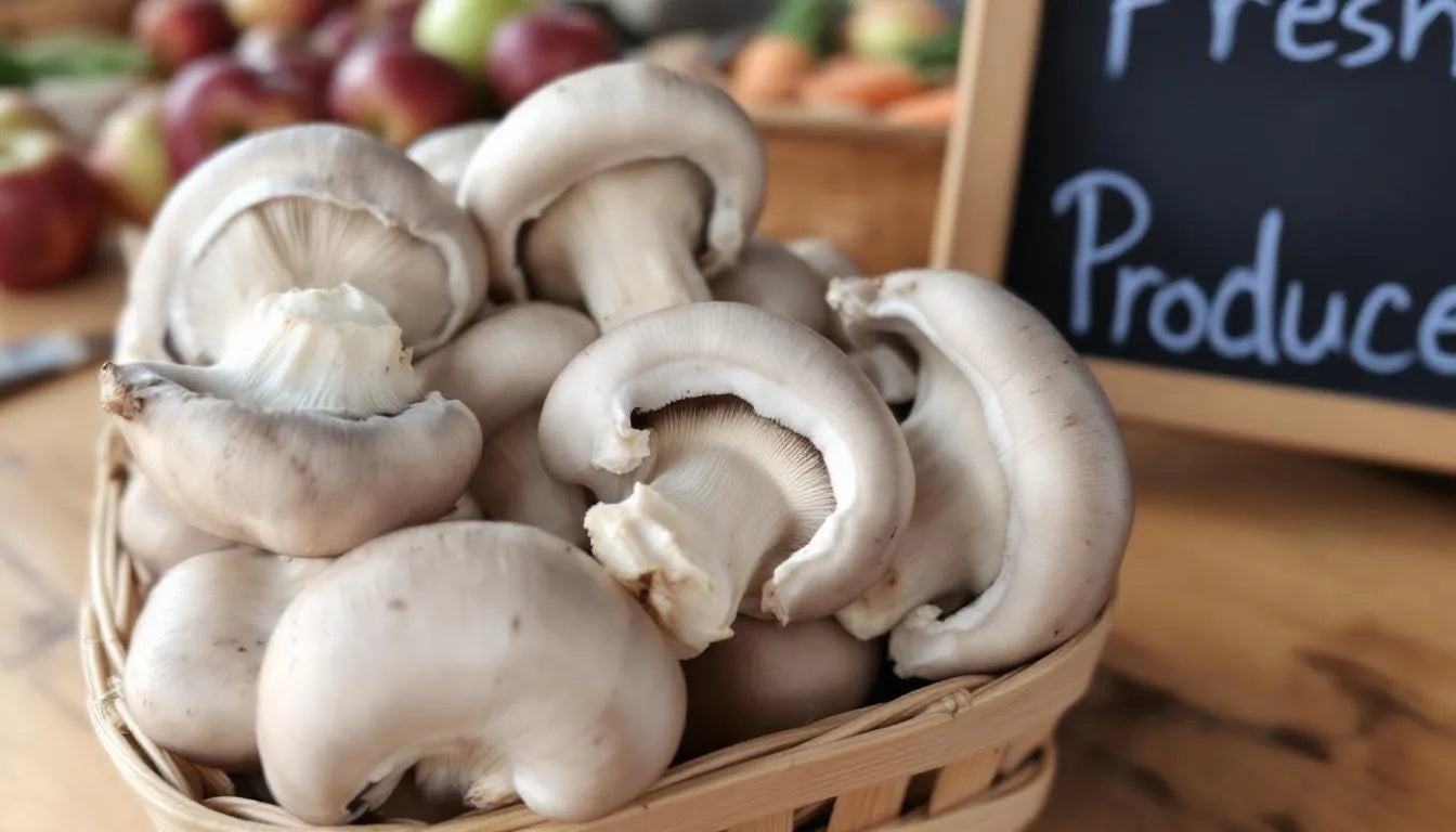 basket of oyster mushrooms at local farmers market