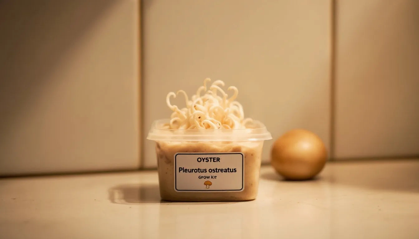 An oyster mushroom grow kit placed on a kitchen counter.