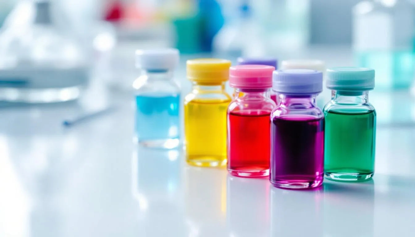 Bottles of medical staining agents used in endoscopy