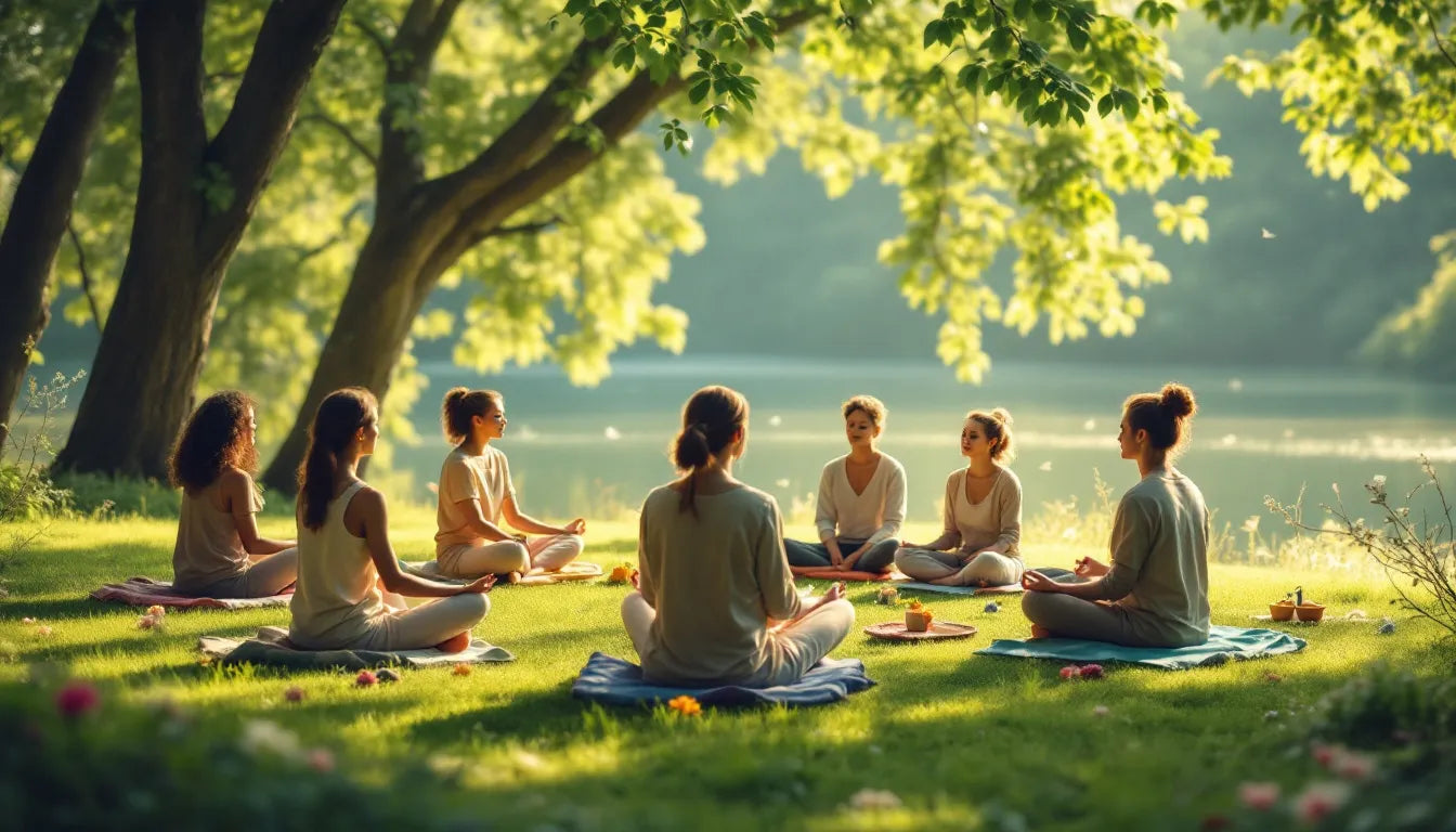 People meditating together in a natural landscape