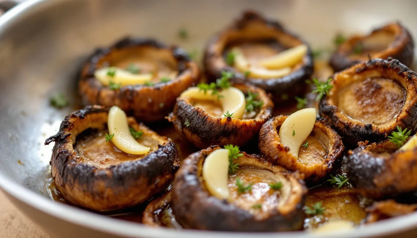 Black trumpet mushrooms sizzling in a pan with butter and herbs.