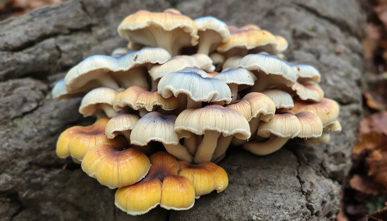 raw turkey tail mushrooms on wood showing texture