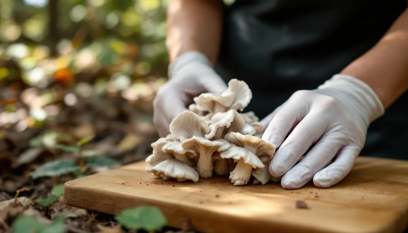 hands inspecting oyster mushrooms from grow kit