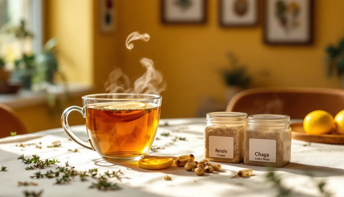 turkey tail mushroom tea and supplement capsules on breakfast table