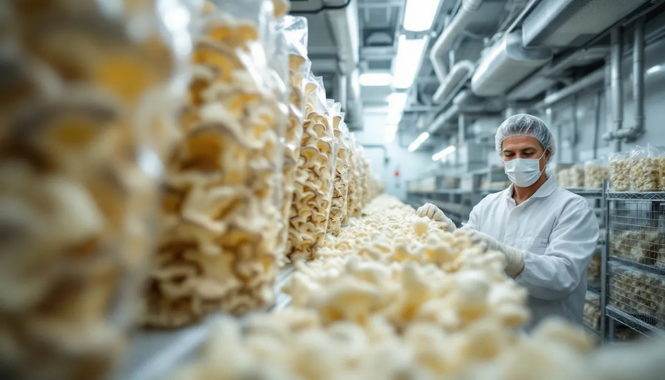Grower examining mushroom bags for signs of disease