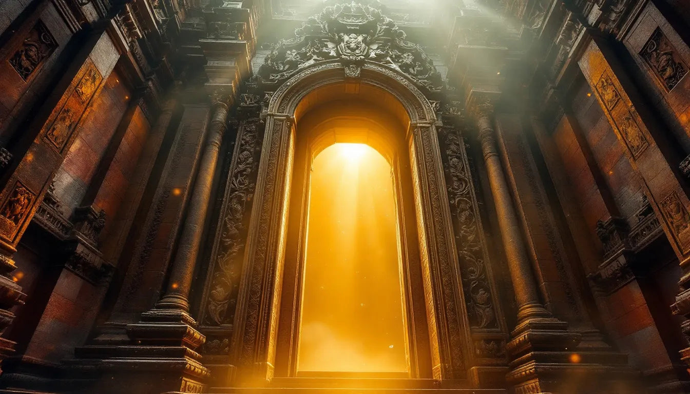 An ancient temple doorway with bright light shining through, symbolizing spiritual awakening and transformation.