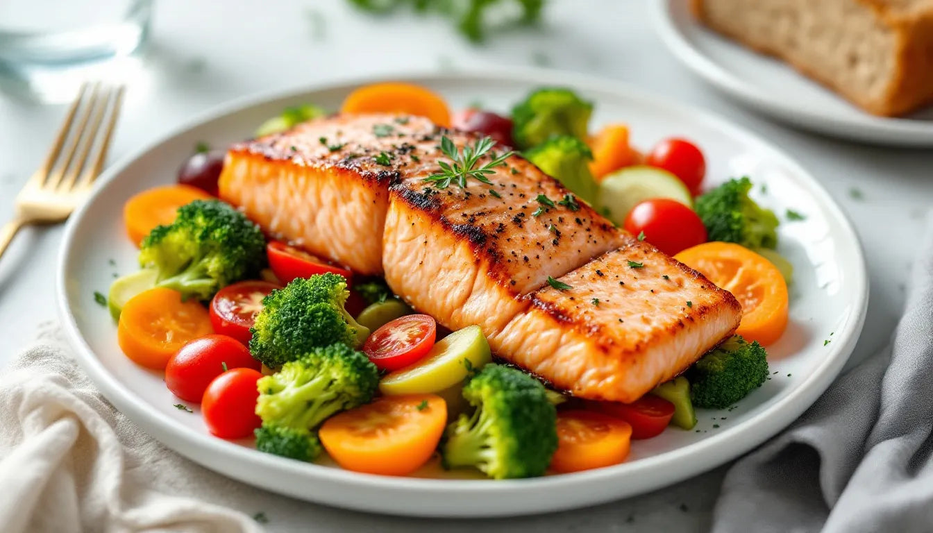 A healthy meal featuring salmon and steamed vegetables on a plate.