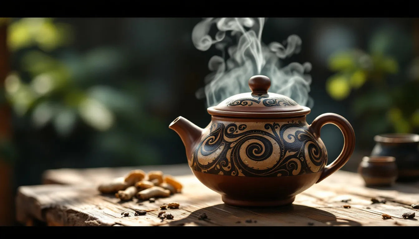 Ancient clay pot simmering mushroom tea over fire