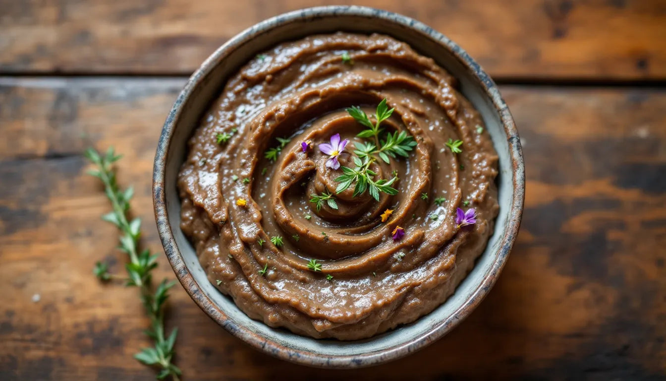 Chunky mushroom paté served in ceramic bowl