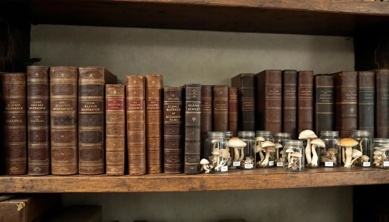 Shelf with vintage science books and mushroom models