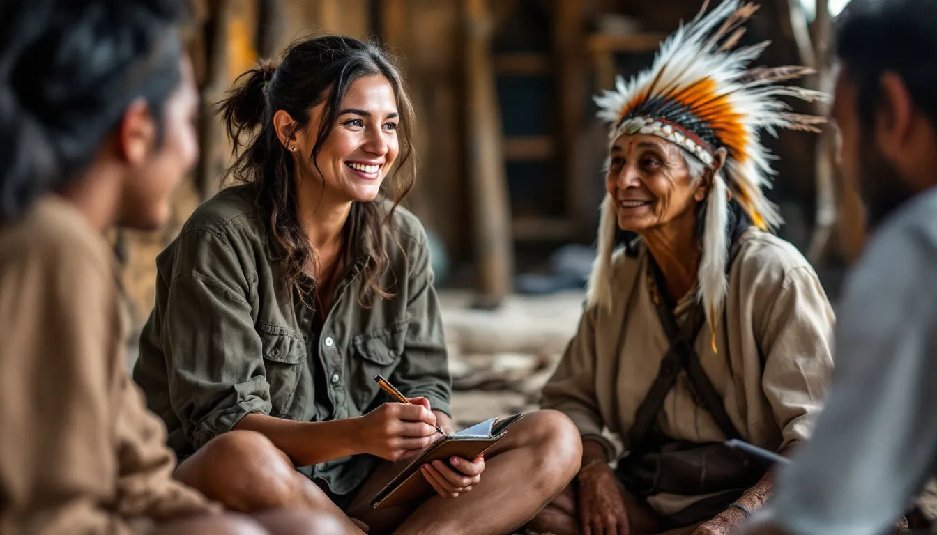 Researcher sitting with Indigenous group in discussion