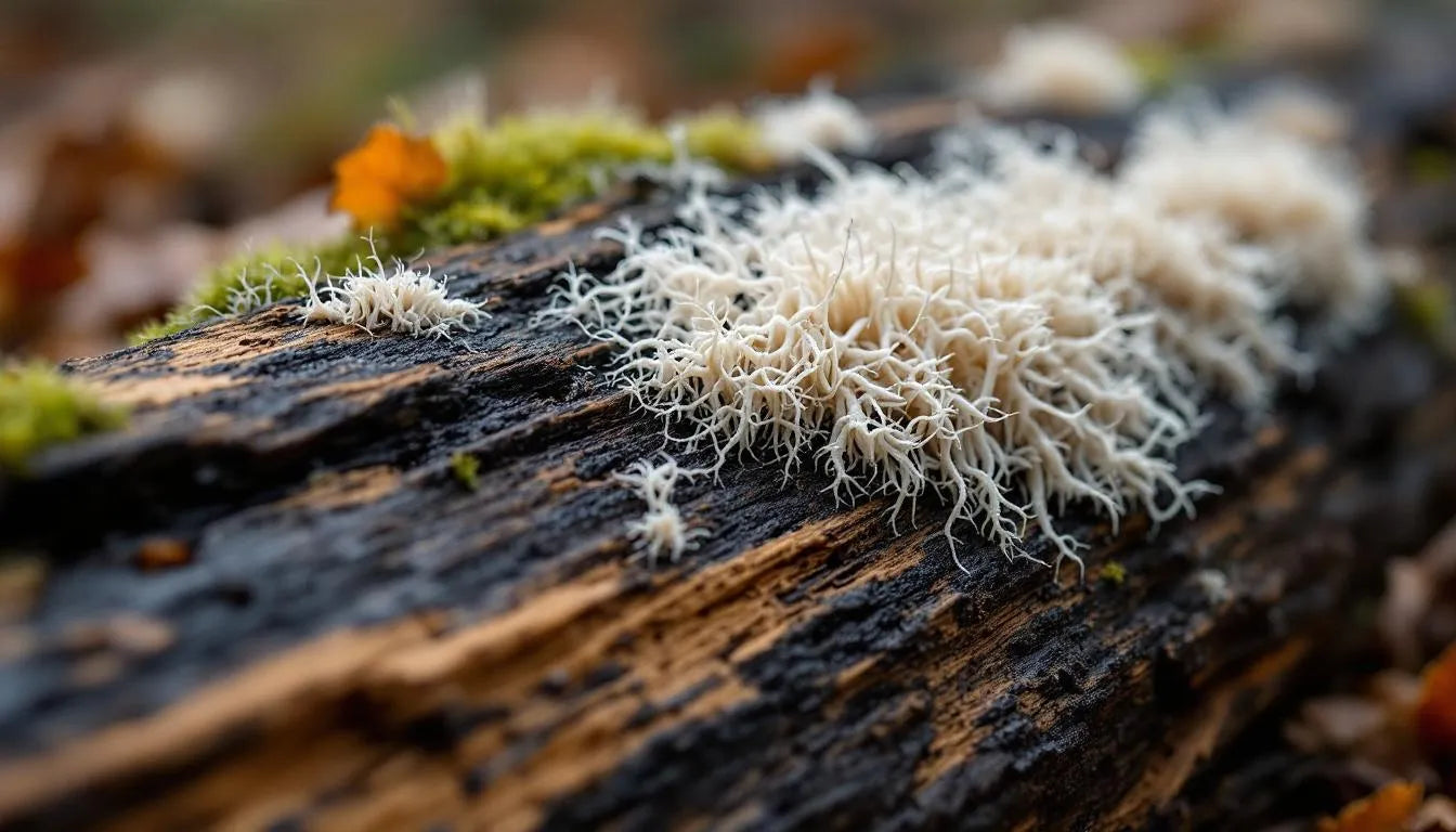 White mycelium spreading on a rotting piece of wood