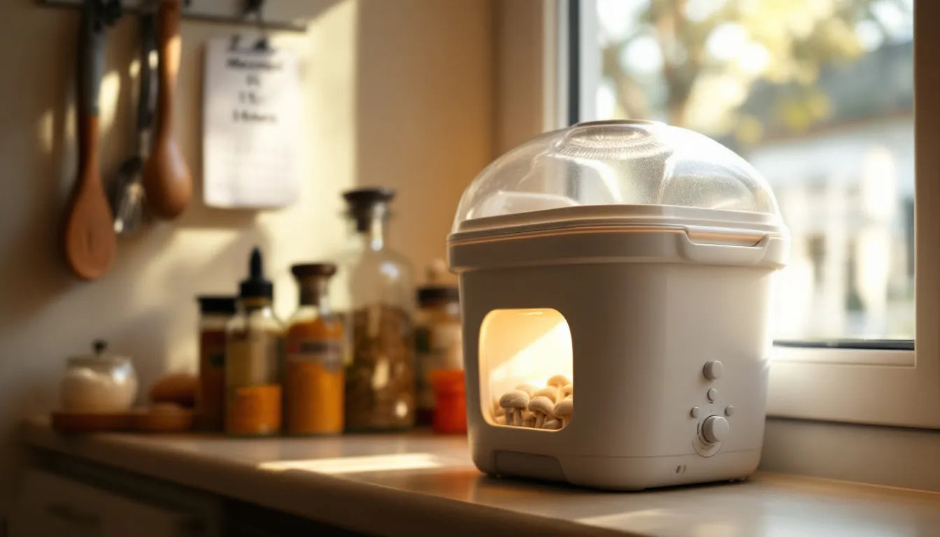 Mushroom grow kit producing gourmet mushrooms indoors