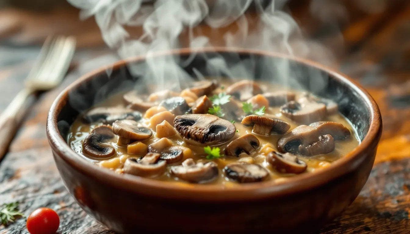 Hot water soaking lion's mane mushrooms with steam rising