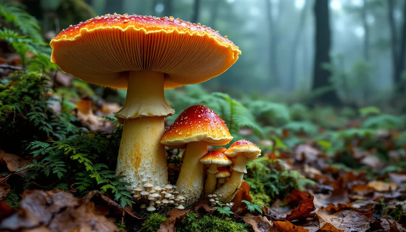 Magic mushrooms growing in natural forest habitat