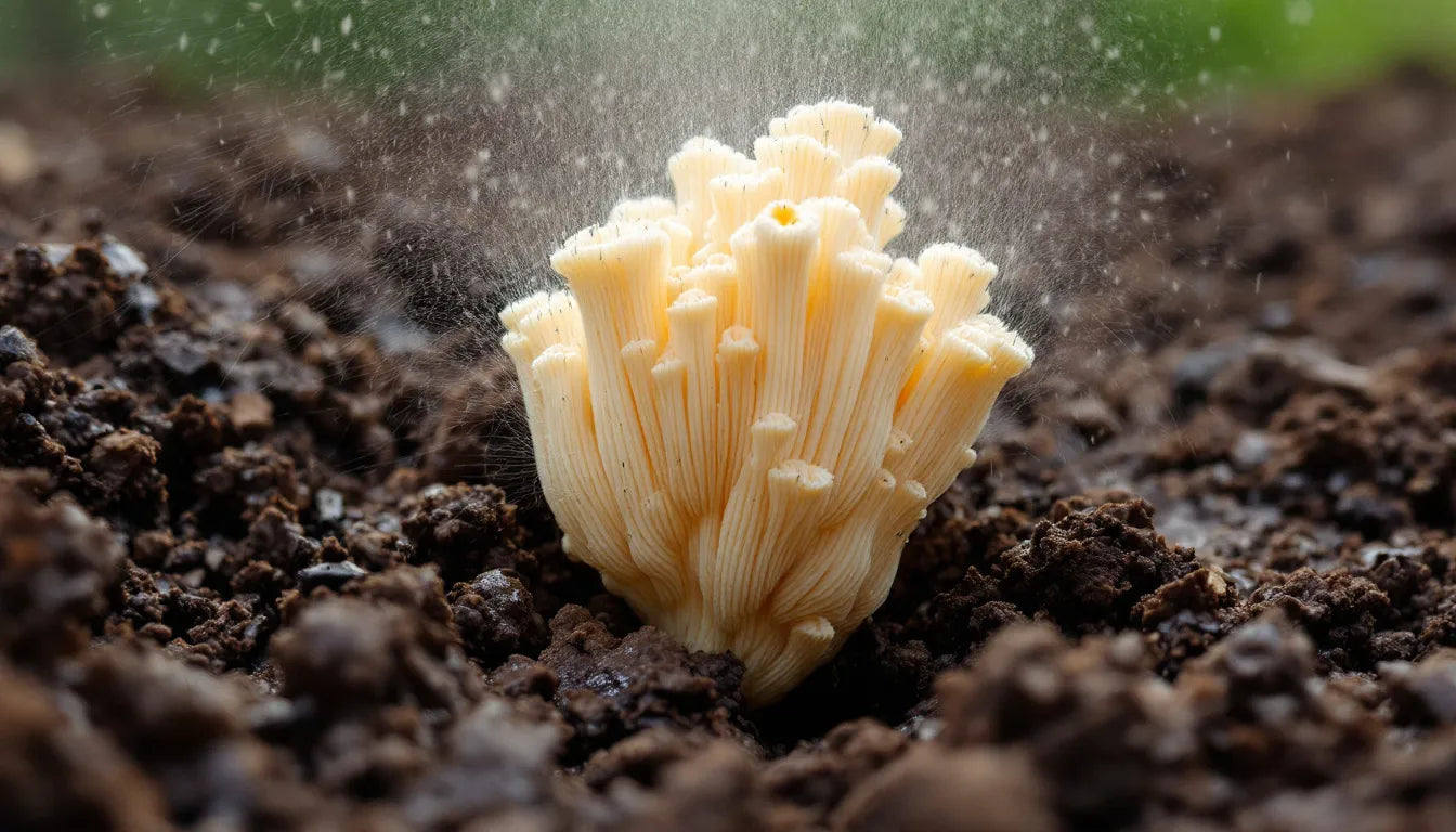 Person spreading morel mushroom grain spawn into soil bed