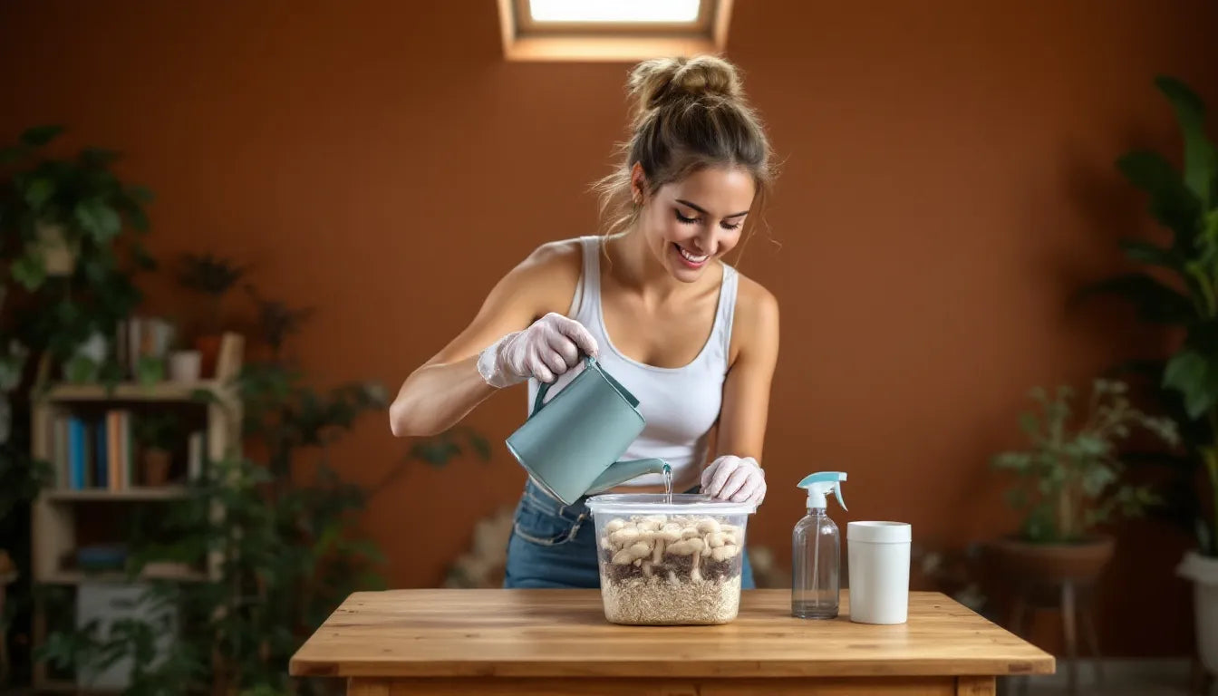 A person preparing an indoor mushroom grow setup using grain spawn