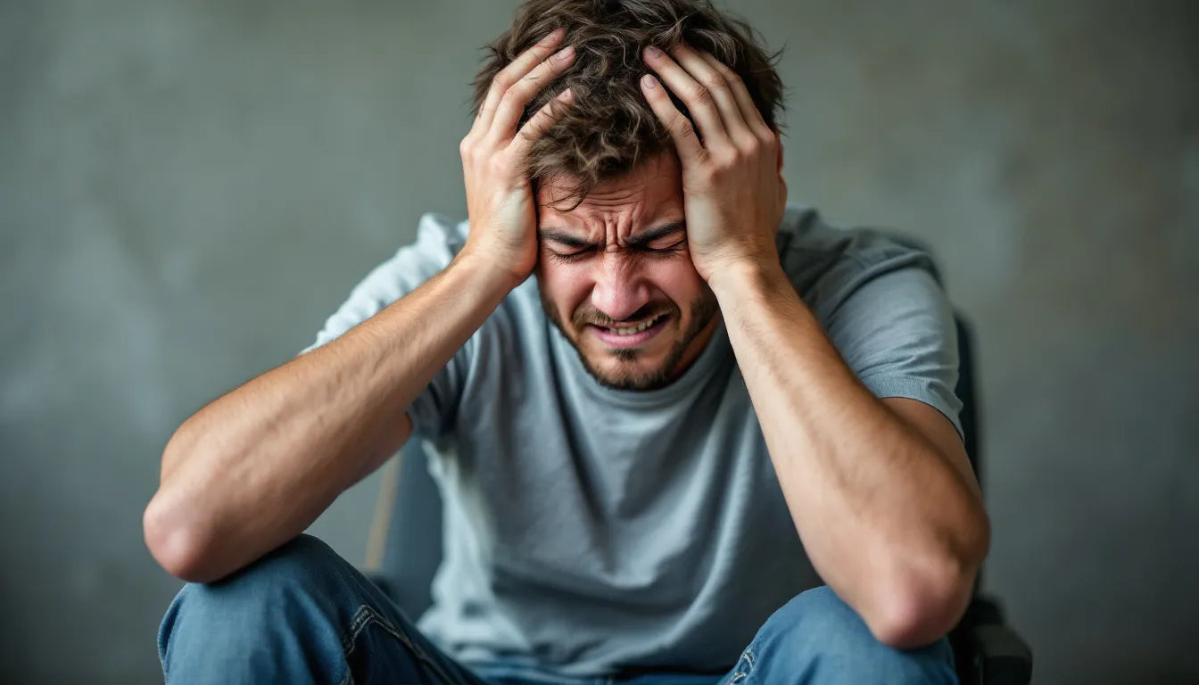 A stressed person sitting with hands on their forehead.