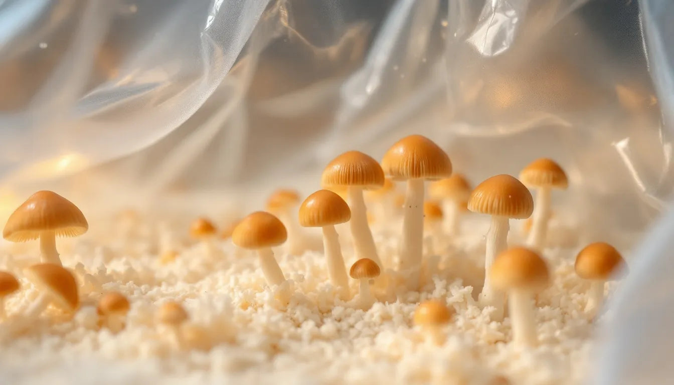 Tiny chestnut mushroom pins sprouting from plastic grow bag