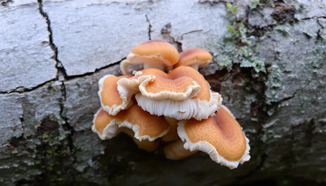 Birch polypore mushrooms growing on birch logs
