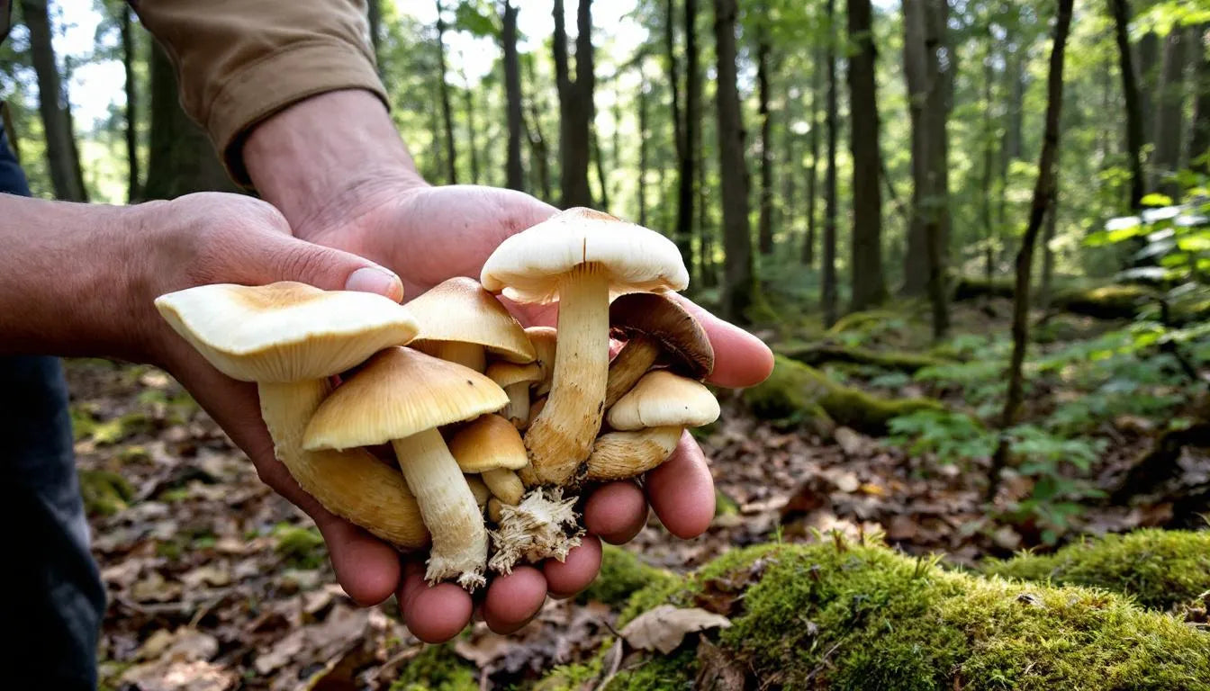 Person holding mushrooms in forest for identification