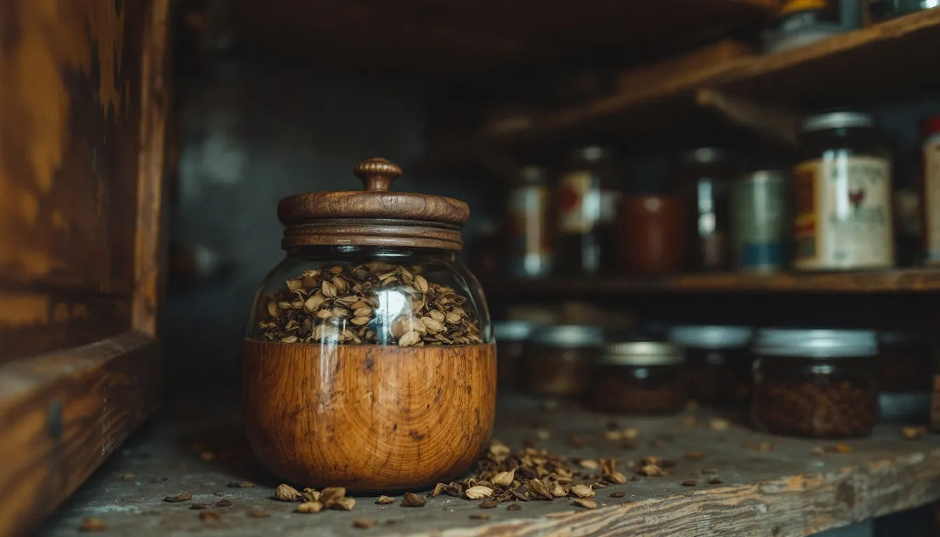 stored glass jar of dried herbal tea
