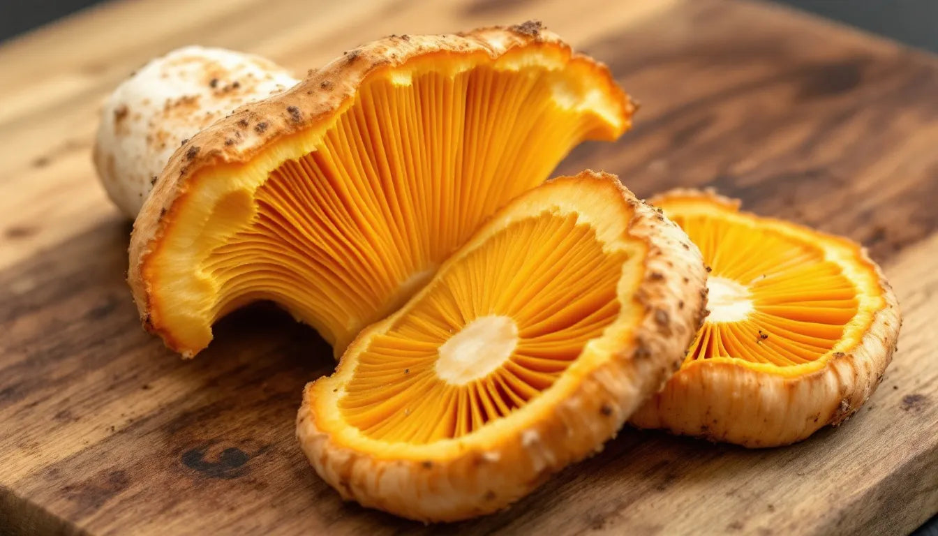 cross-section of king trumpet mushroom showing stem and cap