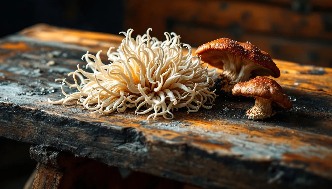 Fresh lion’s mane and reishi mushrooms on a wooden table.