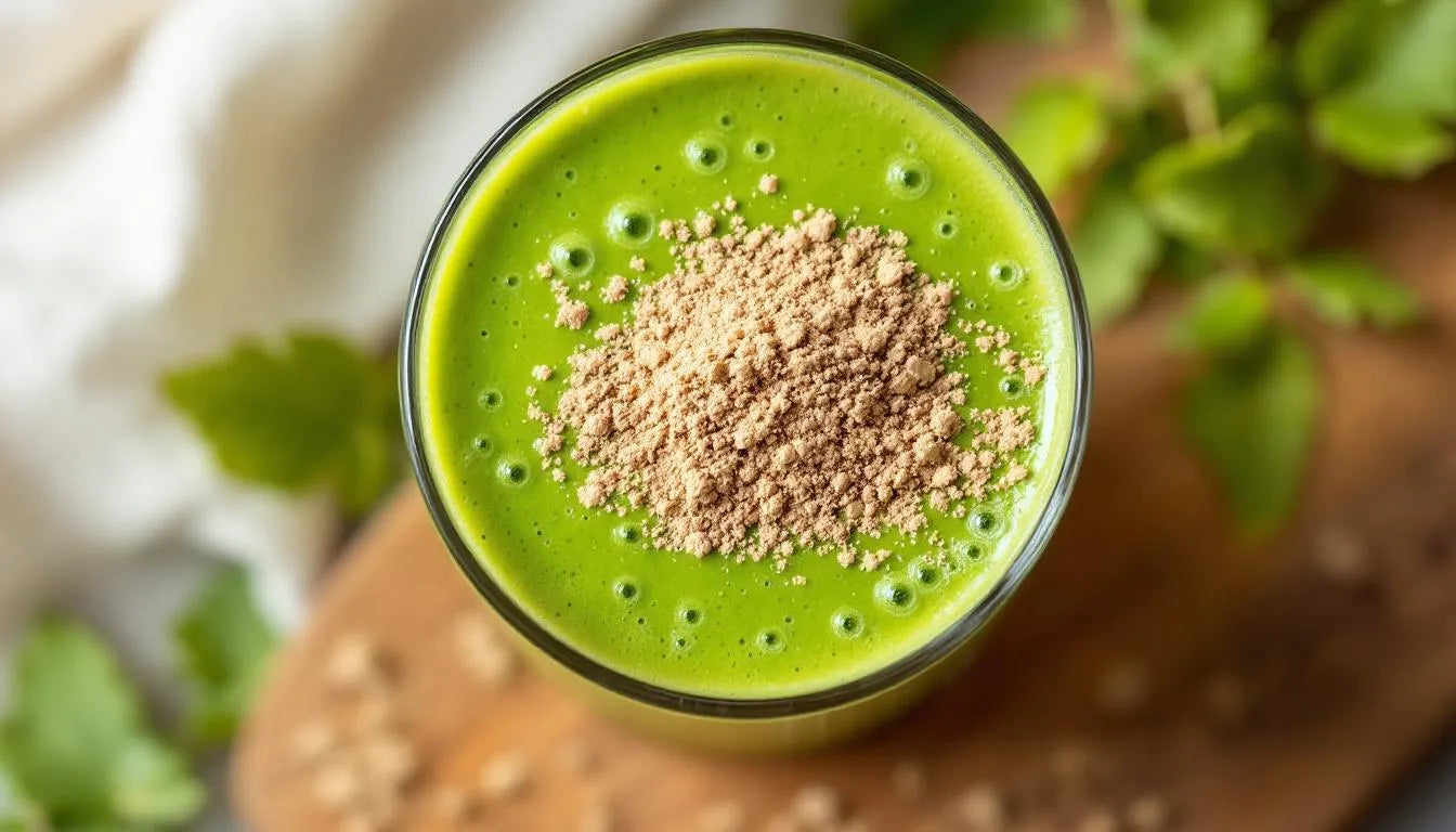 Medicinal mushroom powder blended into a smoothie glass