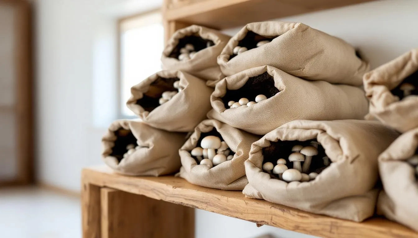 stacked mushroom grow bags on a shelf inside a home